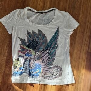 Roberto Cavalli White Tee with Vibrant Dragon Design